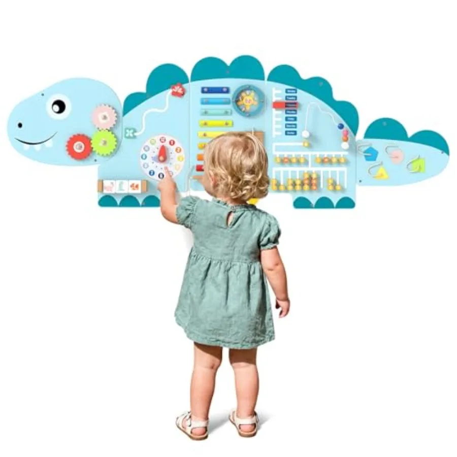 

Развивающая доска-панель «Динозавр» 11-в-1: интерактивная деревянная сенсорная панель Монтессори для малышей, центр активности и обучения