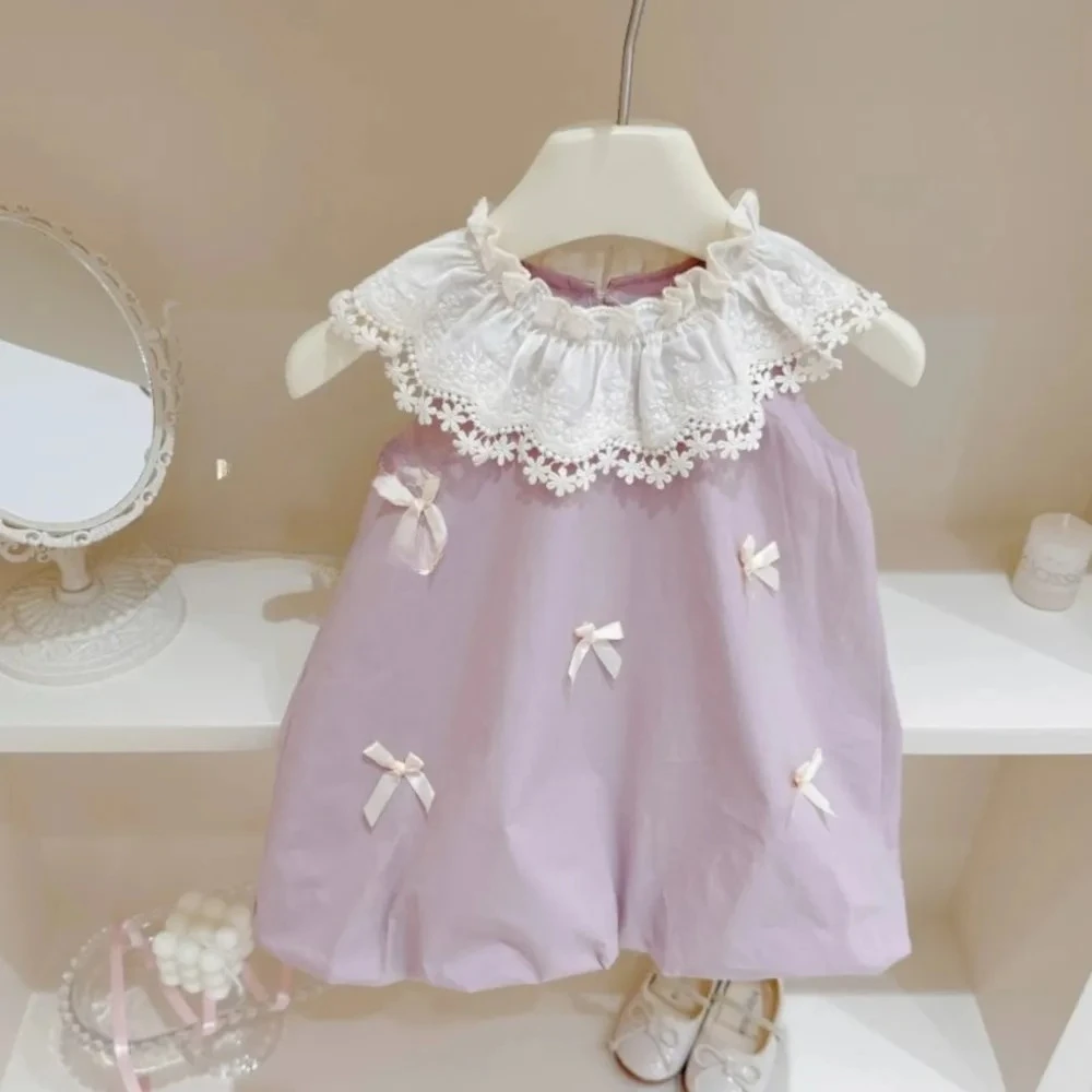 

2025 Baby Girls Summer Dress Cute Bow Lace Collar Fashion Kids Birthday Princess Dresses Children Clothes Vestidos
