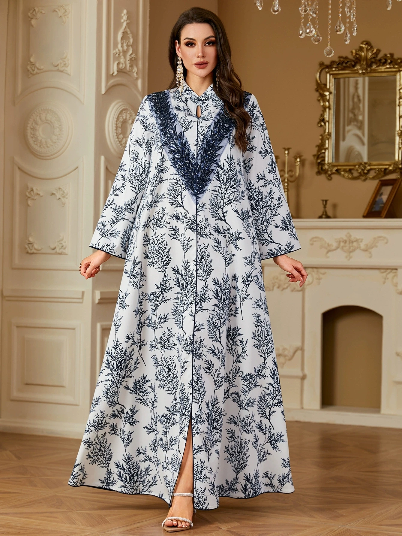 Sukienka Islamska Ramadan Nowa Abaja Damska Moda Muzułmańska Wypoczynek Przód Dwór Luźna Turkiye Drukowana Suknia do Ziemi