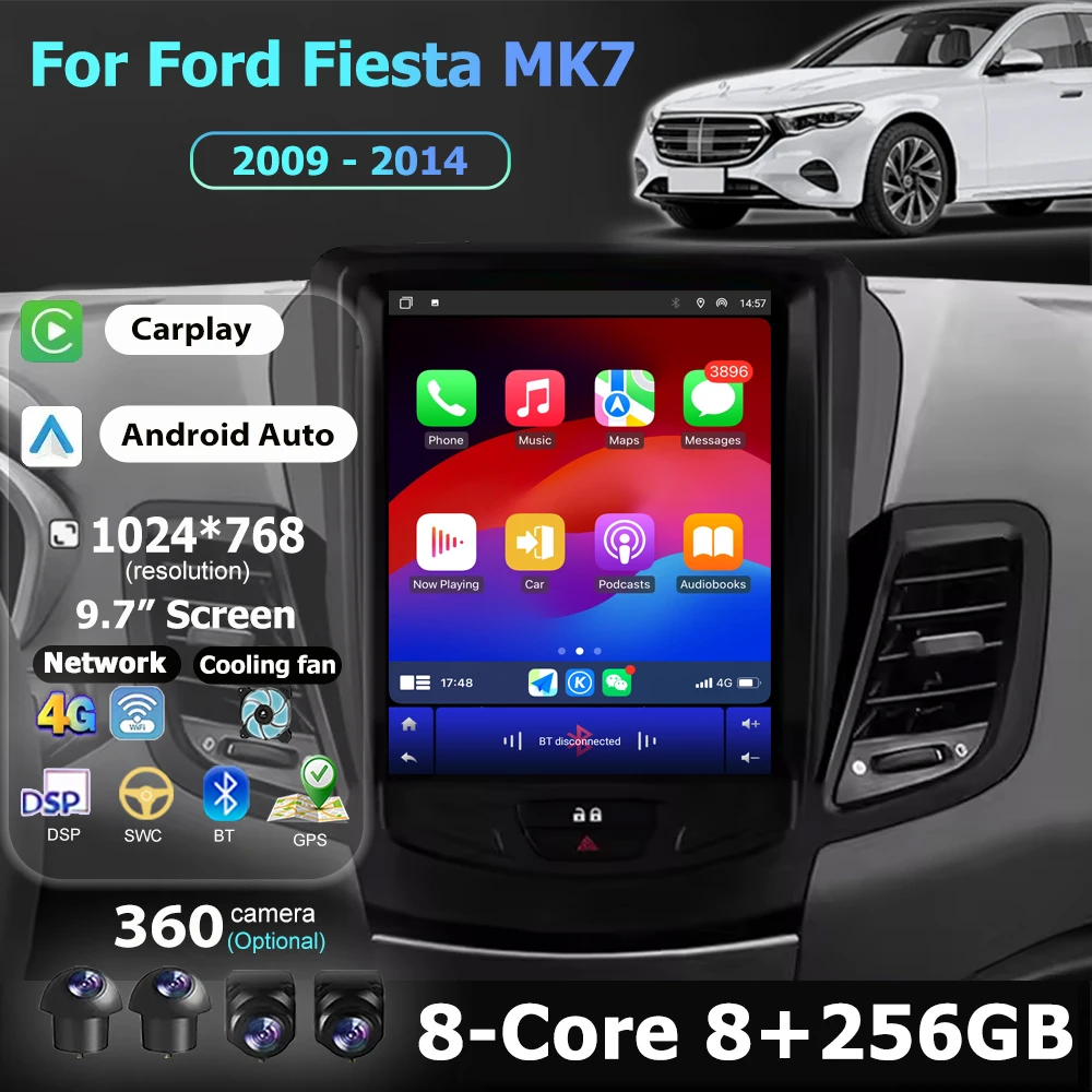 أندرويد 16 مشغل فيديو للسيارة أدوات الملاحة الوسائط المتعددة لفورد فييستا MK7 2009 - 2014 وحدة رأس Carplay اللاسلكية BT DSP 9.7 ''