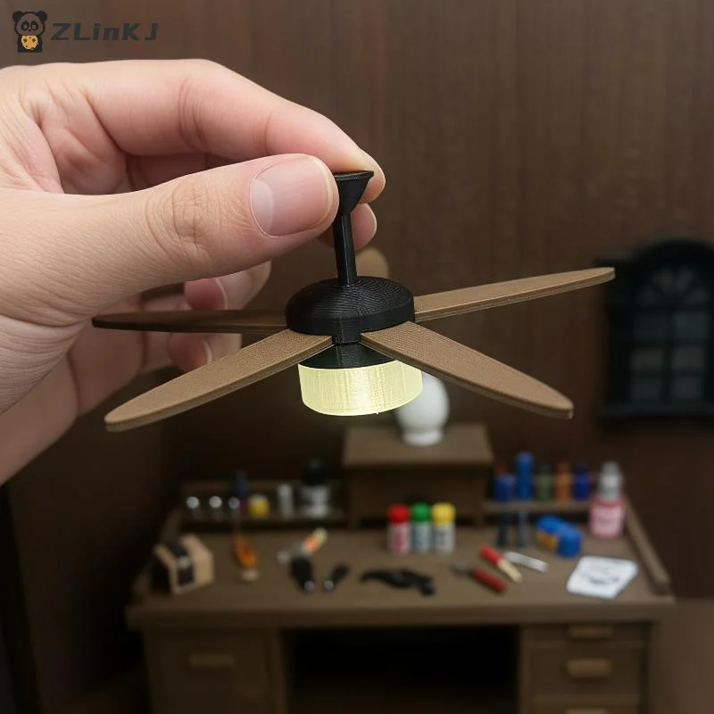 ▶Miniature Vintage Ceiling Fan With LED Light Ornament 1/12 Dollhouse Model Decor Dolls House Mini Scene Accessories Photo Ptops