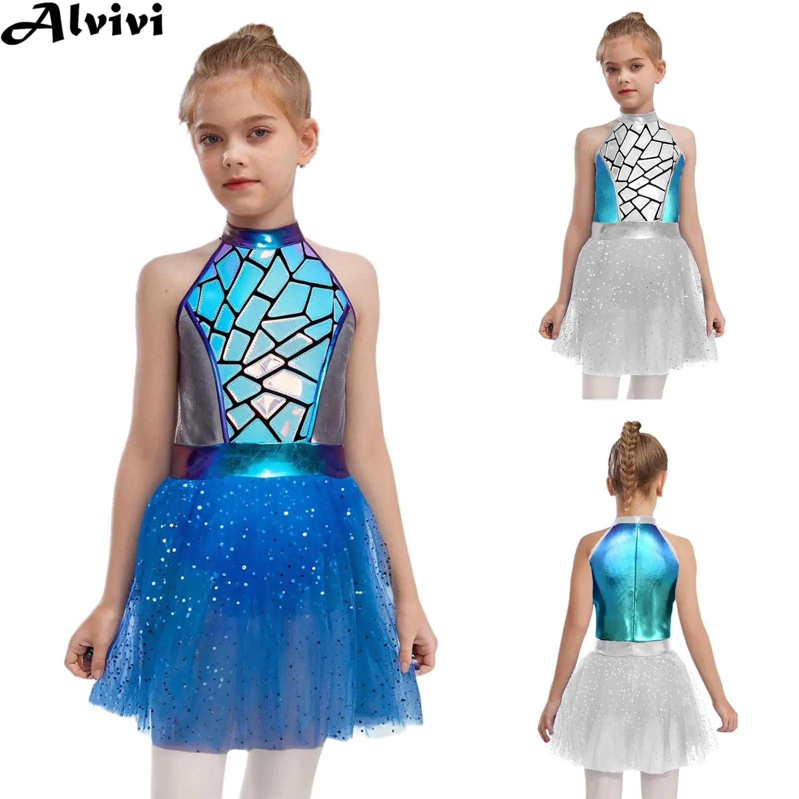 

Kids Girls Metallic Shiny Ballet Dance Tutu Leotard Dress Halloween Theme Party Alien Astronaut Space Warrior Cosplay Costume