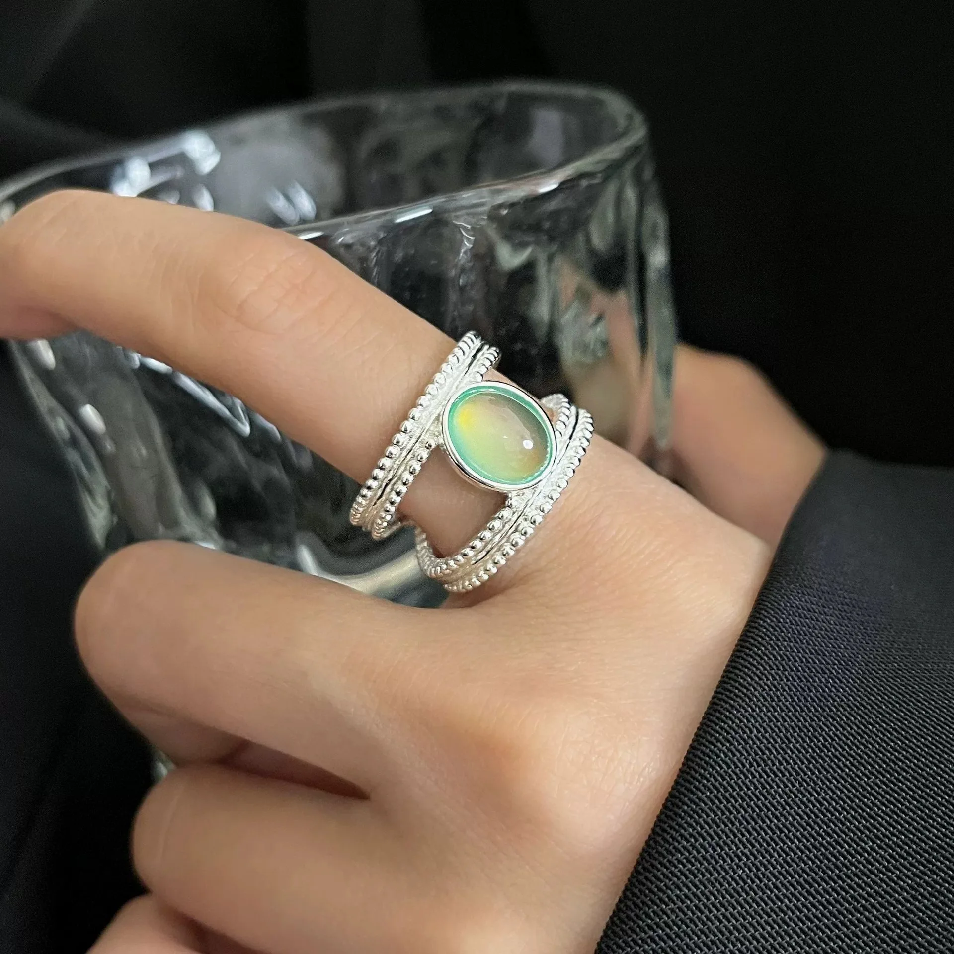 

925 Sterling Silver Rings For Women Vintage Handmade Adjustable Green Stone Ring Fashion Band Female Bijoux Gift