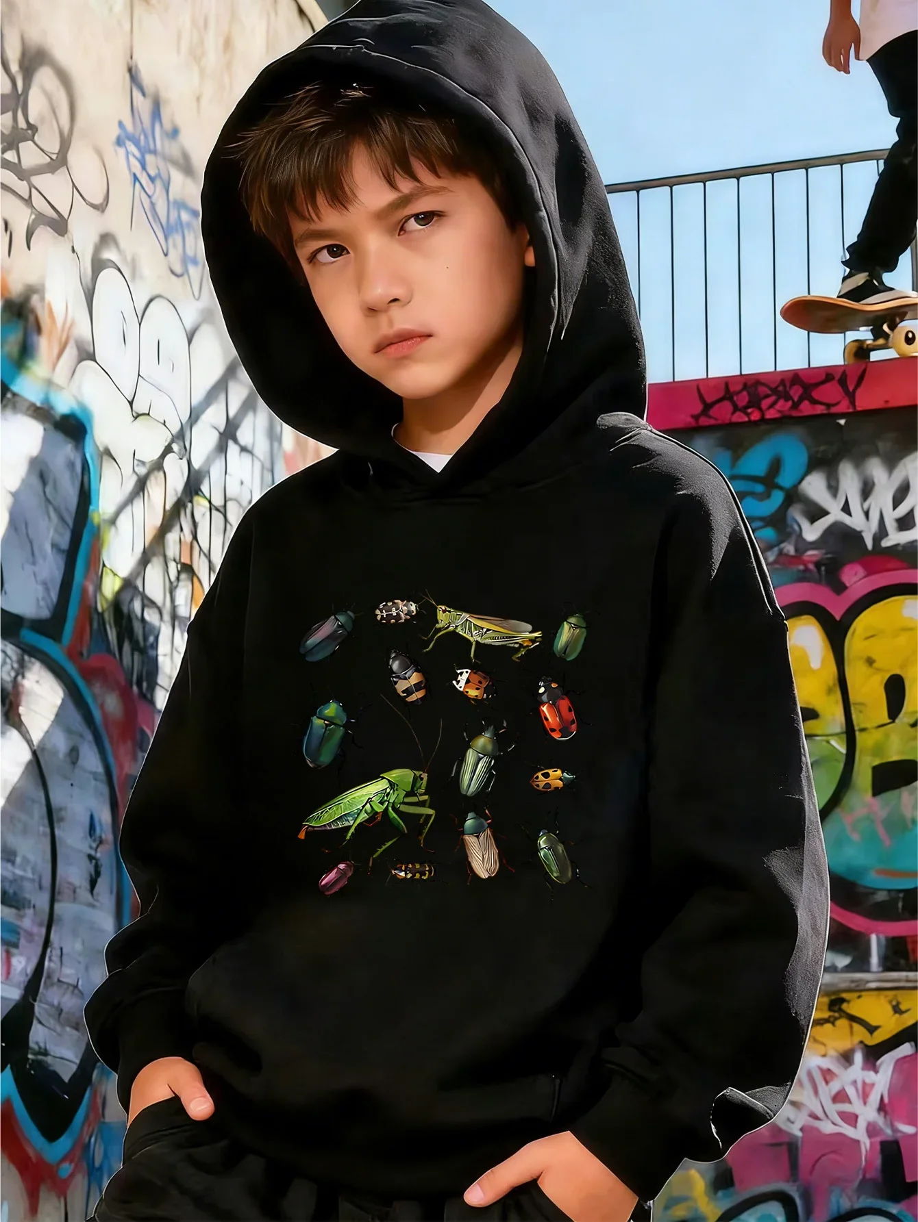 Kids Insects Bugs Beetles Graphic Printed Red Hoodie Boys Girls Nature Sweatshirt Loose Autumn Winter Active Top