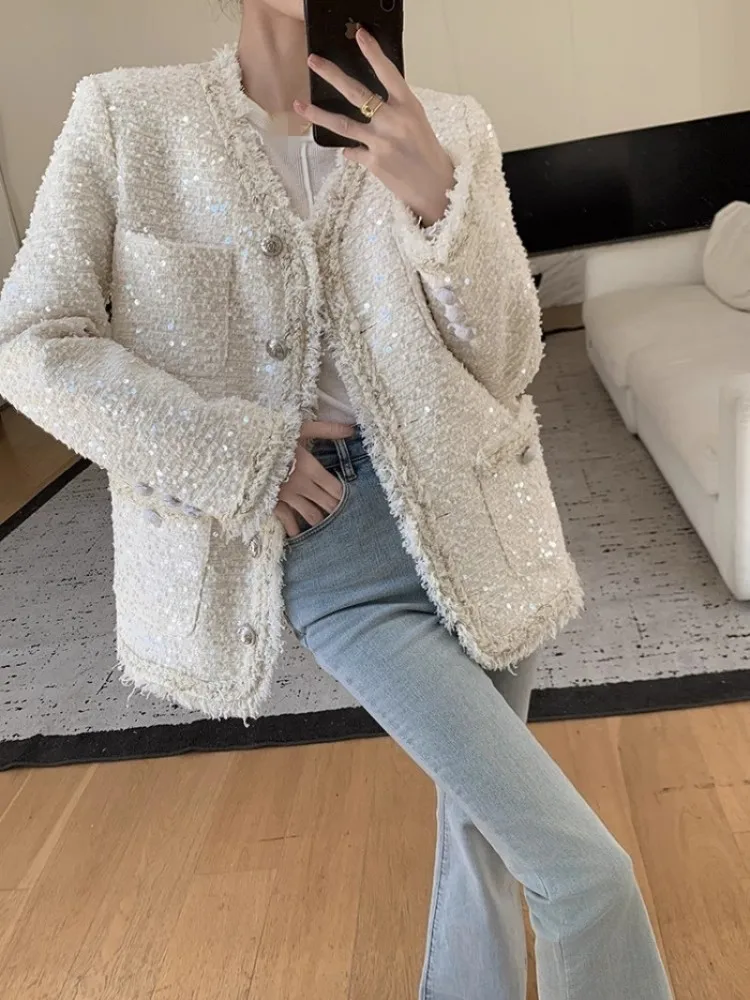 Fashion Jacket Office Ladies V-Neck Sequin Tassels Elegant Tweed Coat Spring Long Sleeve Single Breasted Women Casual Outerwear