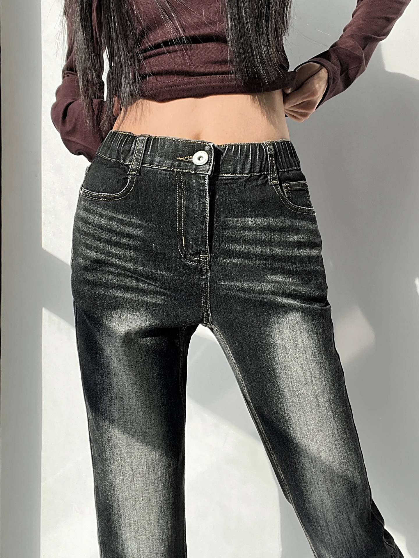 

Джинсы с высокой талией, облегающие, удобные, эластичные, универсальные, укороченные, из хлопкового денима, для женщин, на весну, осень, зиму