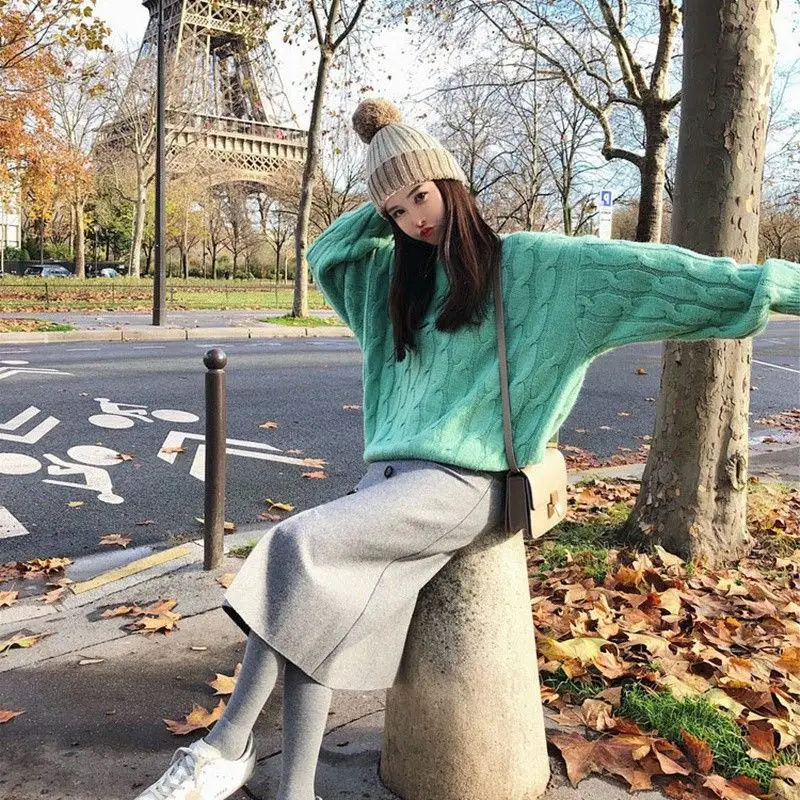 Fashion O-Neck Loose Solid Color Knitted Sweater Female Clothing 2023 Winter New Casual Pullovers Korean Tops