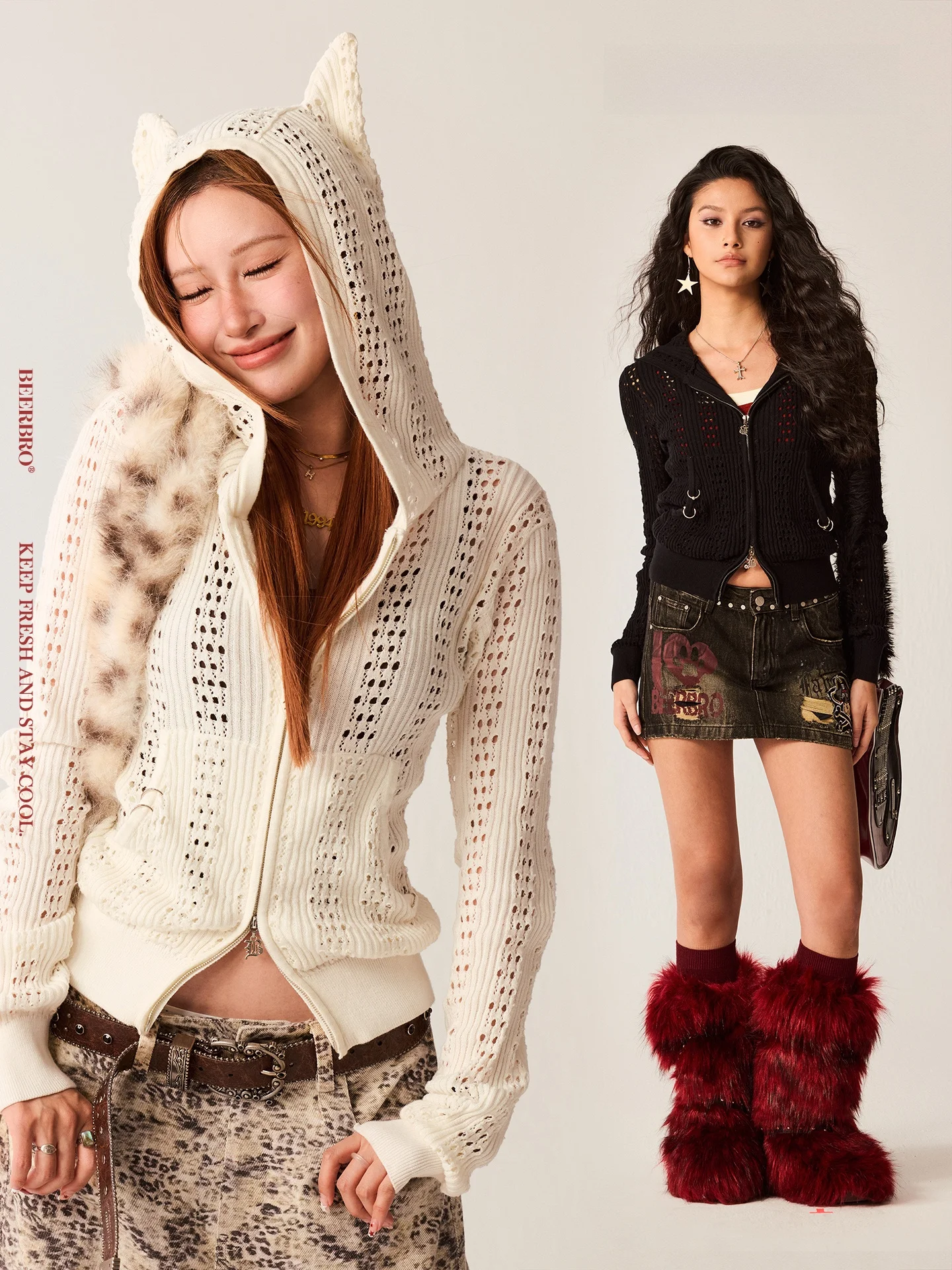 BeerBro Retro Sound Wave Spicy Girl Little Devil Horned Hoodie Waist Cinching Slimming Sweater Cardigan Short Coat for Women