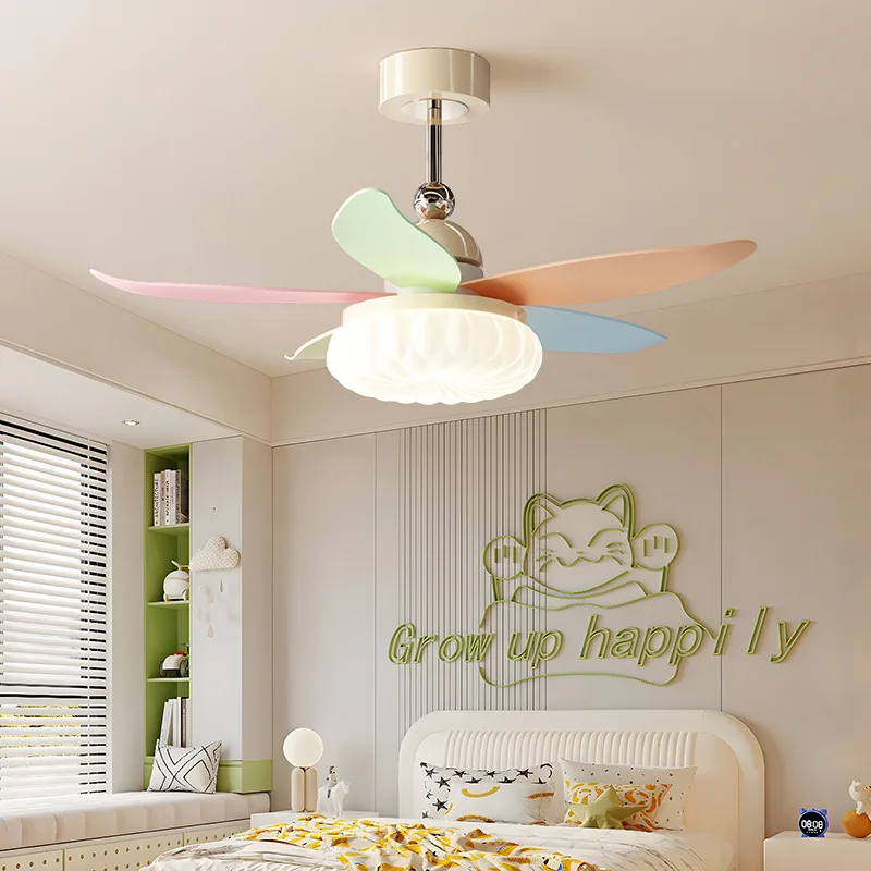 Children's Room Ceiling Fan Lights Dopamine Colorful Macaron Ceiling Fan Lamps Boys and Girls Bedroom Cream Style Home Fixtures