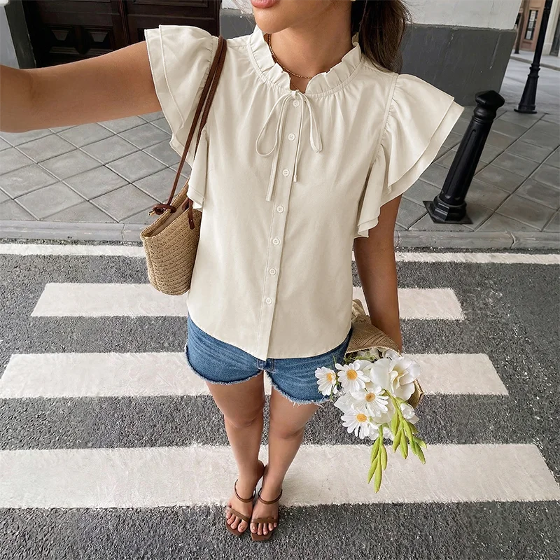 

2026 new style leaf-sleeve casual solid-color shirt top, stand-up collar tie-on cardigan women's shirt