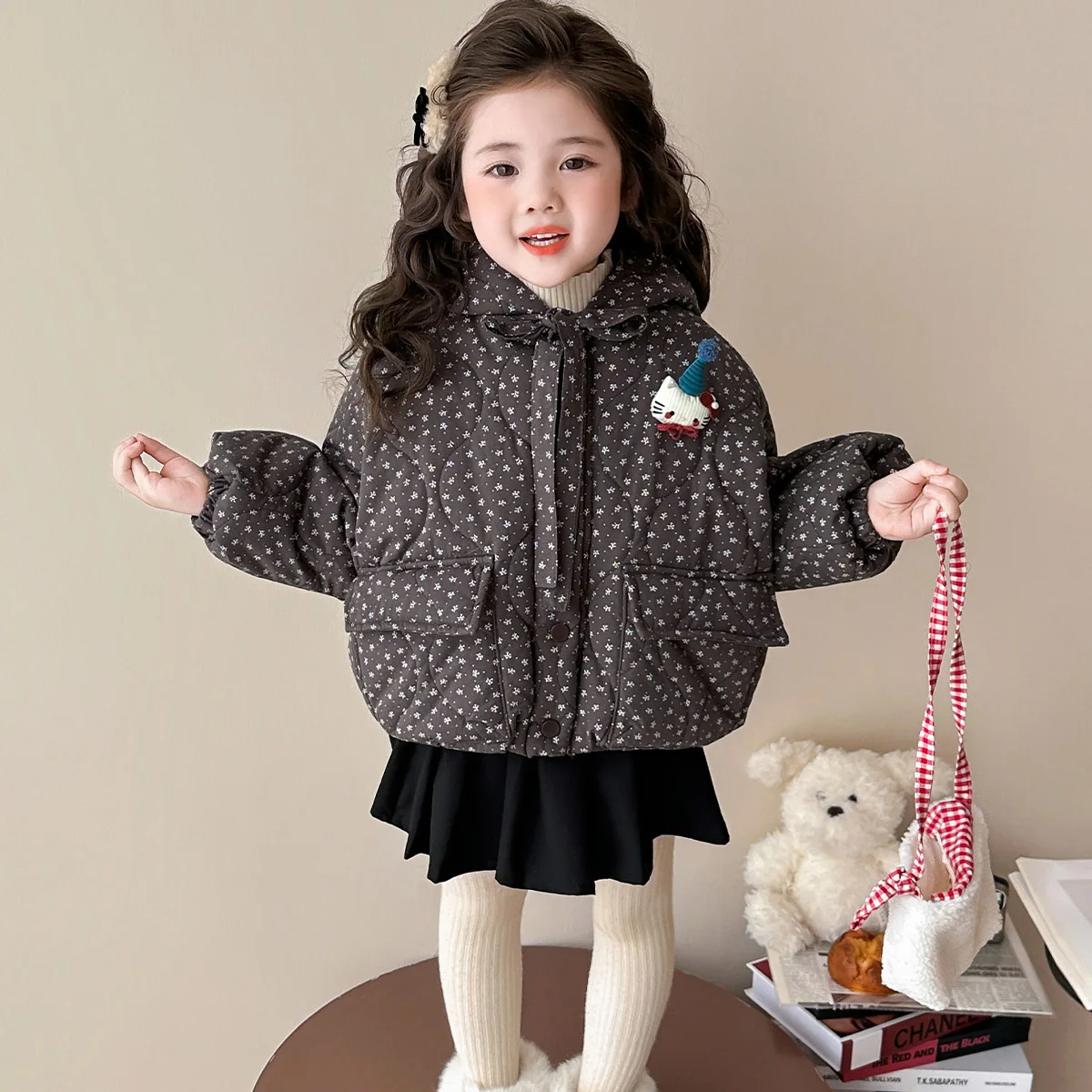 

Girls' Floral Hooded Cotton Coat Korean Single Breasted Thick Warm Padded Jacket Winter New Children's Casual Quilted Clothes