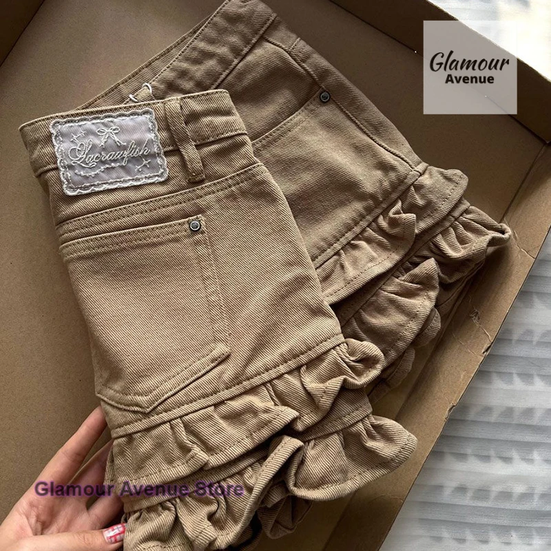 Verão novo shorts jeans feminino francês doce design sentido dupla camada renda ondulada auto-cultivo puro desejo calças quentes.