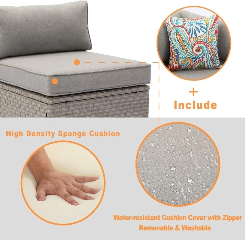 Muebles de exterior de 2 piezas, sillas sin brazos adicionales para juego de sofás seccionales de mimbre expandibles con cojines gruesos grises cálidos