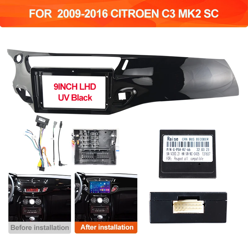 

QSZN 9 INCH LHD Car Audio Frame GPS Navigation Fascia Panel Car DVD Plastic Frame Cable Harness for 2009-2016 CITROEN C3 MK2 SC