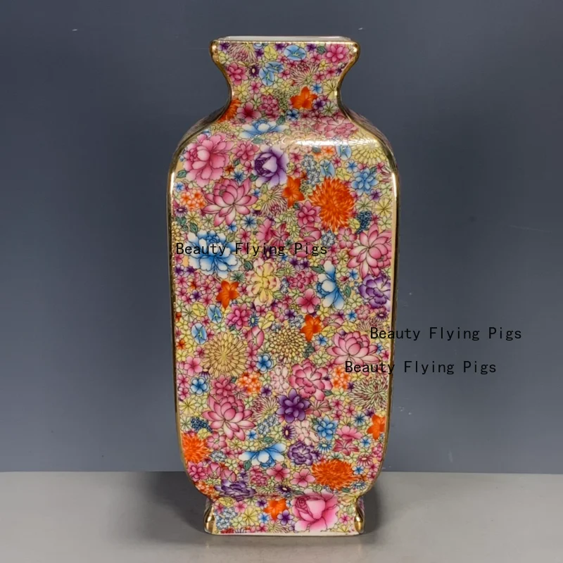 Ceramic antique porcelain enamel color ten thousand flower color gold patterned square vase home decoration ornament