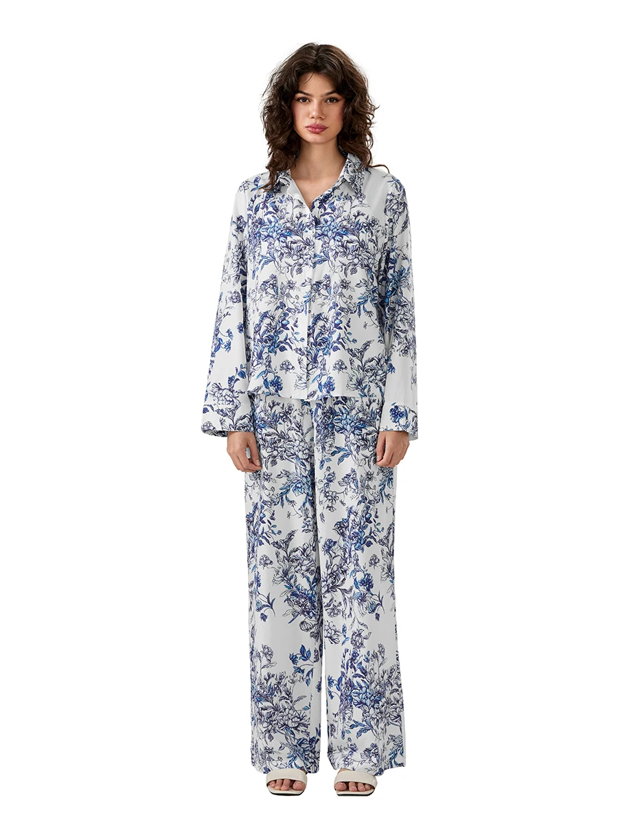 Women Floral Print Pajama Set Lapel Neck Button-up Long Sleeve Tops Long Pants 2-Piece Loungewear Outfit