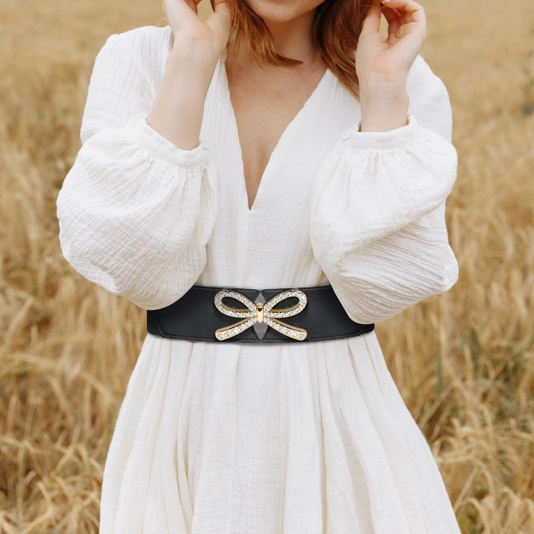 Women Wide Stretchy Belts Bow Rhinestone Alloy Buckle Elastic Waist Belt for Dresses Jumpsuits Coats