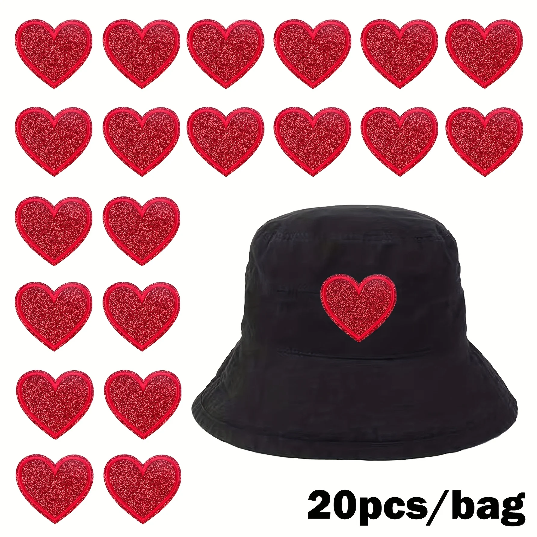 20pcs Red Glitter Heart Patches - Embroidery for Clothing,Hats, Bags,Shoes - Shiny Decorative Accessories,Fashion Embellishments