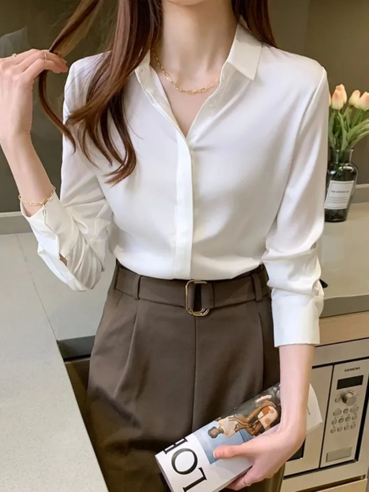 Simple Long Sve Damen irt Pure Color Street Sle Button up Slim Fit Casual Faion Autumn Collection
