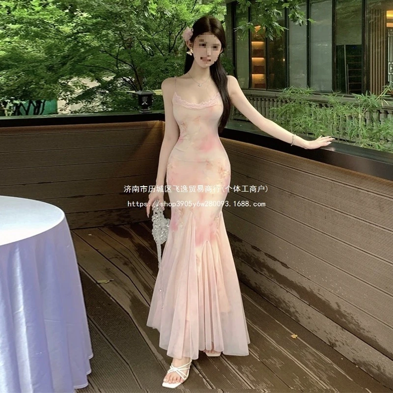 2024 sommer Elegante Blumen Sheer Slim Fit Strappy Sommerkleid Frauen Casual Kleid Sexy Ärmelloses Strand Party Kleid