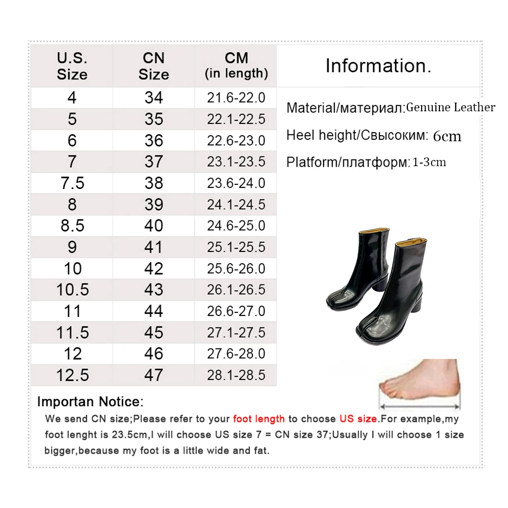 Unisex Split Toe Boots Women Genuine Leather Tabi Boots Round Heel Ankle Boots Woman High Heels Women Shoes Winter Botines Mujer