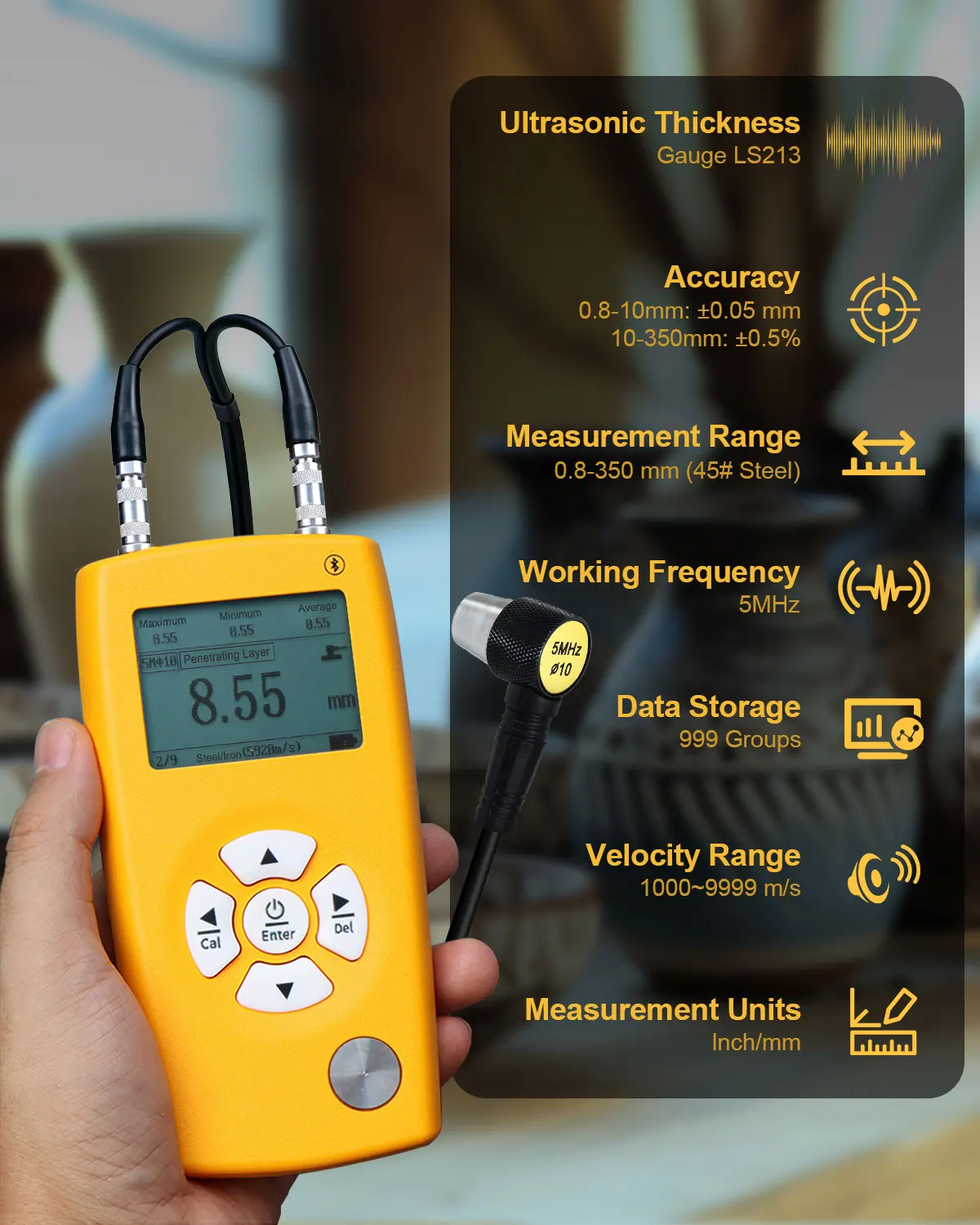 LS213 Ultrasonic Thickness Gauge 0.8-350mm Digital Metal Tester with Bluetooth APP Auto Sound Velocity for Steel Copper Glass