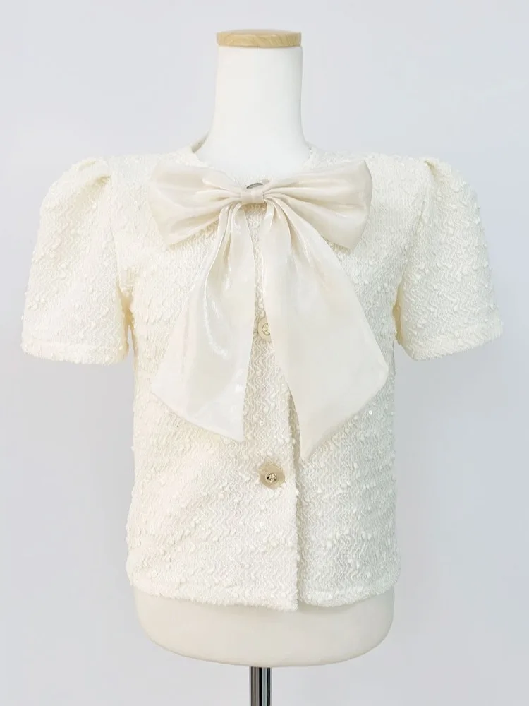 

Ele ort Bubble Sve Jaet for Women Summer New Sle Knot Design Commute Sle Slim Fit round Ne Button up