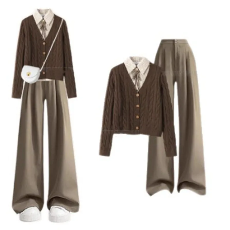 

Spring and Autumn Casual Set Women's Fake Two Piece Knitted Shirt High Waist Slimming Wide Leg Pants Two Piece Set