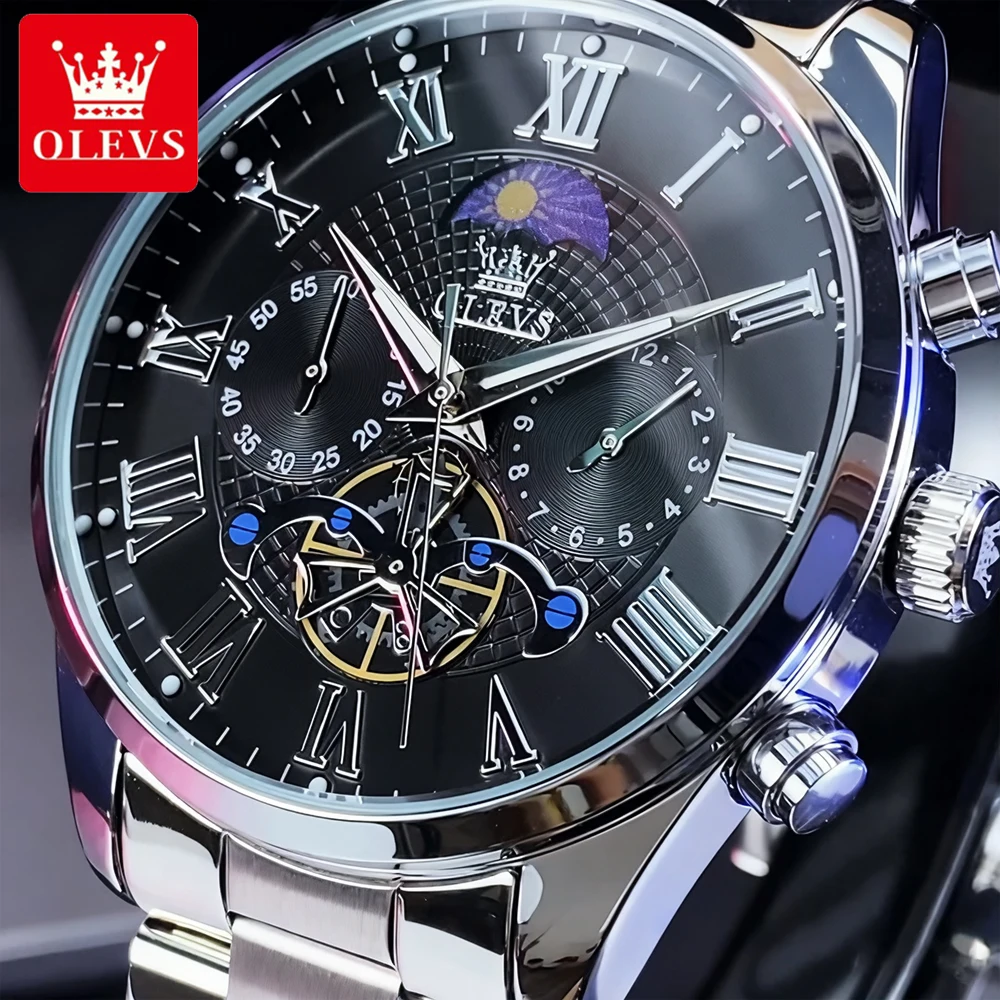 

OLEVS мужские часы, роскошные модные оригинальные кварцевые наручные часы из тонкой стали для мужчин, хронограф с маховиком, фаза Луны, водонепроницаемые, новинка