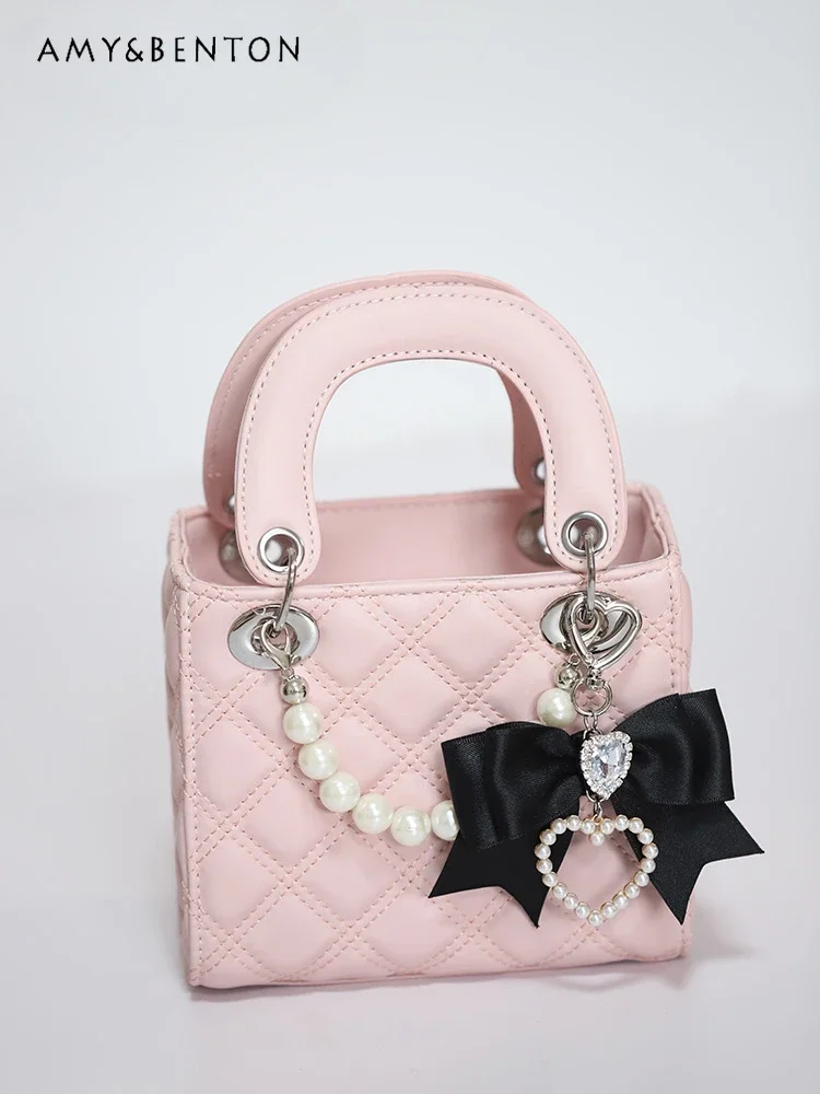 Japanese Mine Mass-Produced Handmade Bag Sweet Bow Heart Rhinestone Pearl Pendant Cute Bags for Women Lolita Handbag Mini Bag