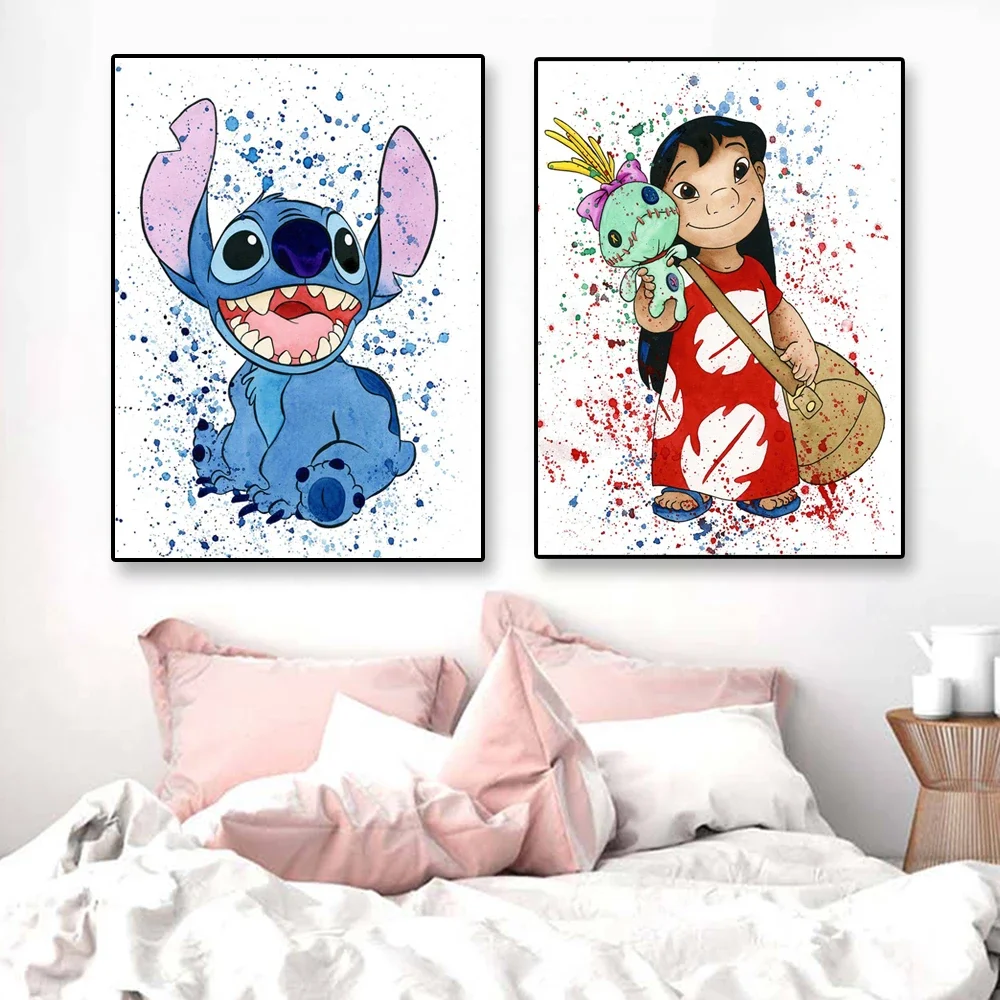 Disney Cartoon Prints Stitch Watercolor Art Poster Kids Room Wall Decor Angel Stitch Lilo Graffiti Art Canvas Painting Decor