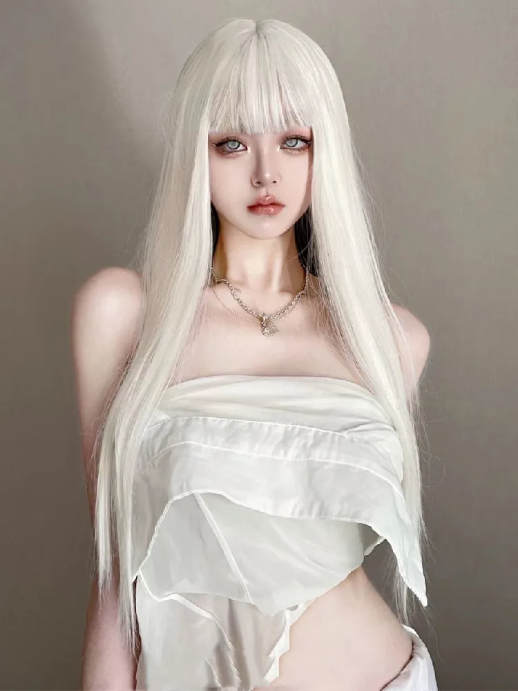 Lolita Wig Long Straight white Wig with Bangs Headband Synthetic Wigs for Women Human Hair