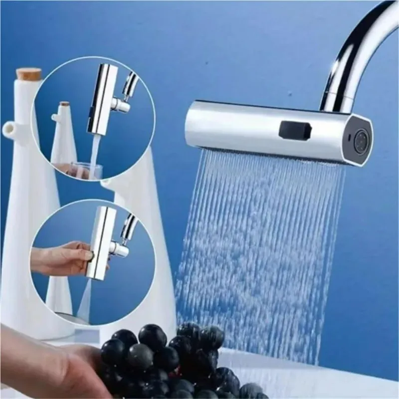 Kitchen and Bathroom New Multi-Function Waterfall Three Mode Universal Rotary Extension Faucet Splash Proof Nozzle Sink(Silver)