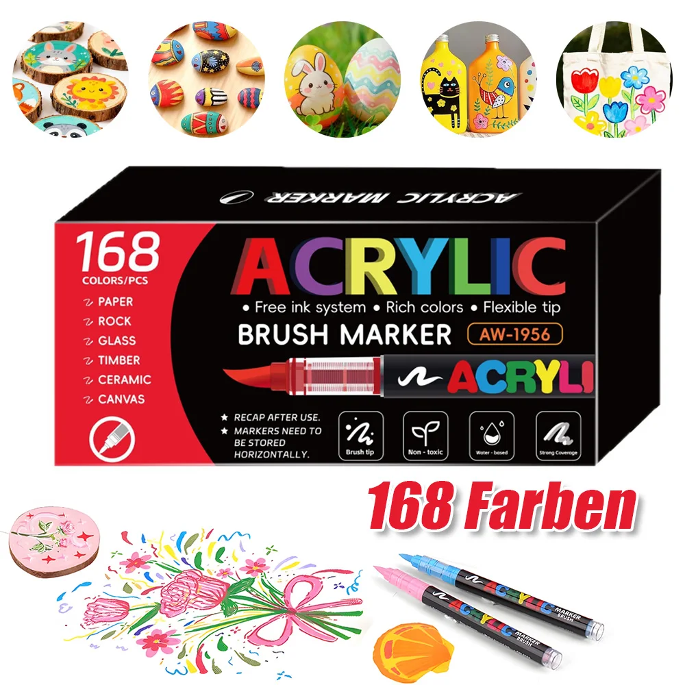 Ensemble de marqueurs acryliques à base d'eau avec 168 couleurs riches, pointes flexibles pour une écriture fluide et encre très pigmentée et vif, outils de peinture polyvalents pour l'art sur roche, le dessin sur toile, la personnalisation de la céramique et diverses créations artistiques DIY.