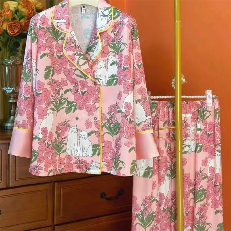 

Новые женские пижамы, комплект из двух предметов, весенне-осенний брючный костюм с длинными рукавами, одежда для сна, повседневная атласная домашняя одежда с цветочным принтом, нижнее белье