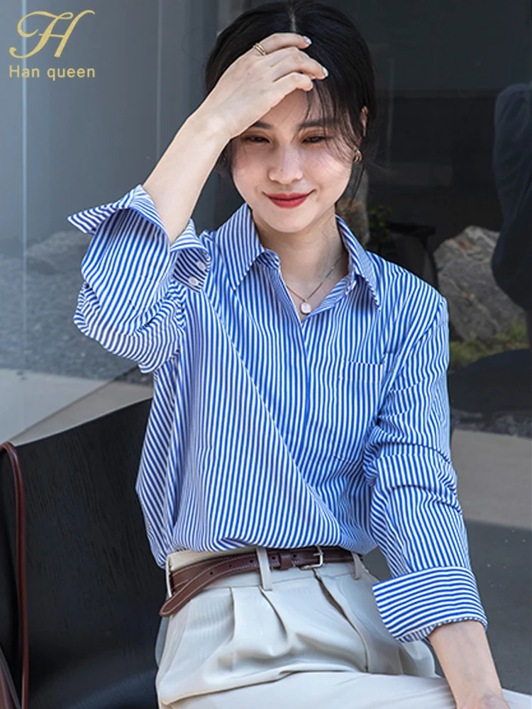 

H Han Queen 2025 Autumn Chic Blue Stripe Blouse Woman Clothing Korean Work Casual Tops Simple Long Sleeve Vintage Women's Shirt