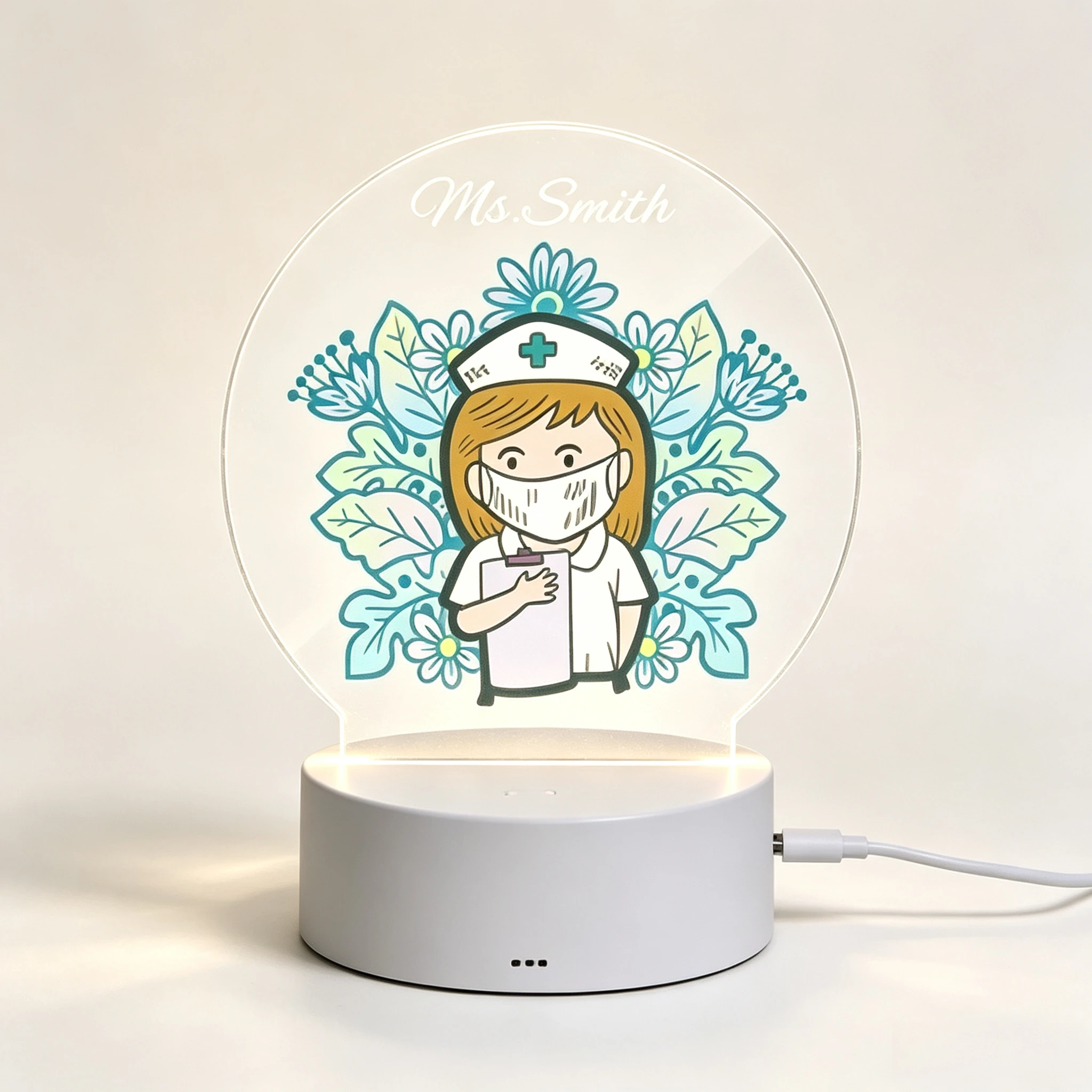Custom Name LED Acrylic Night Light, Cartoon Nurse Floral Pattern USB Touch Lamp Nurse Day Appreciation Gift
