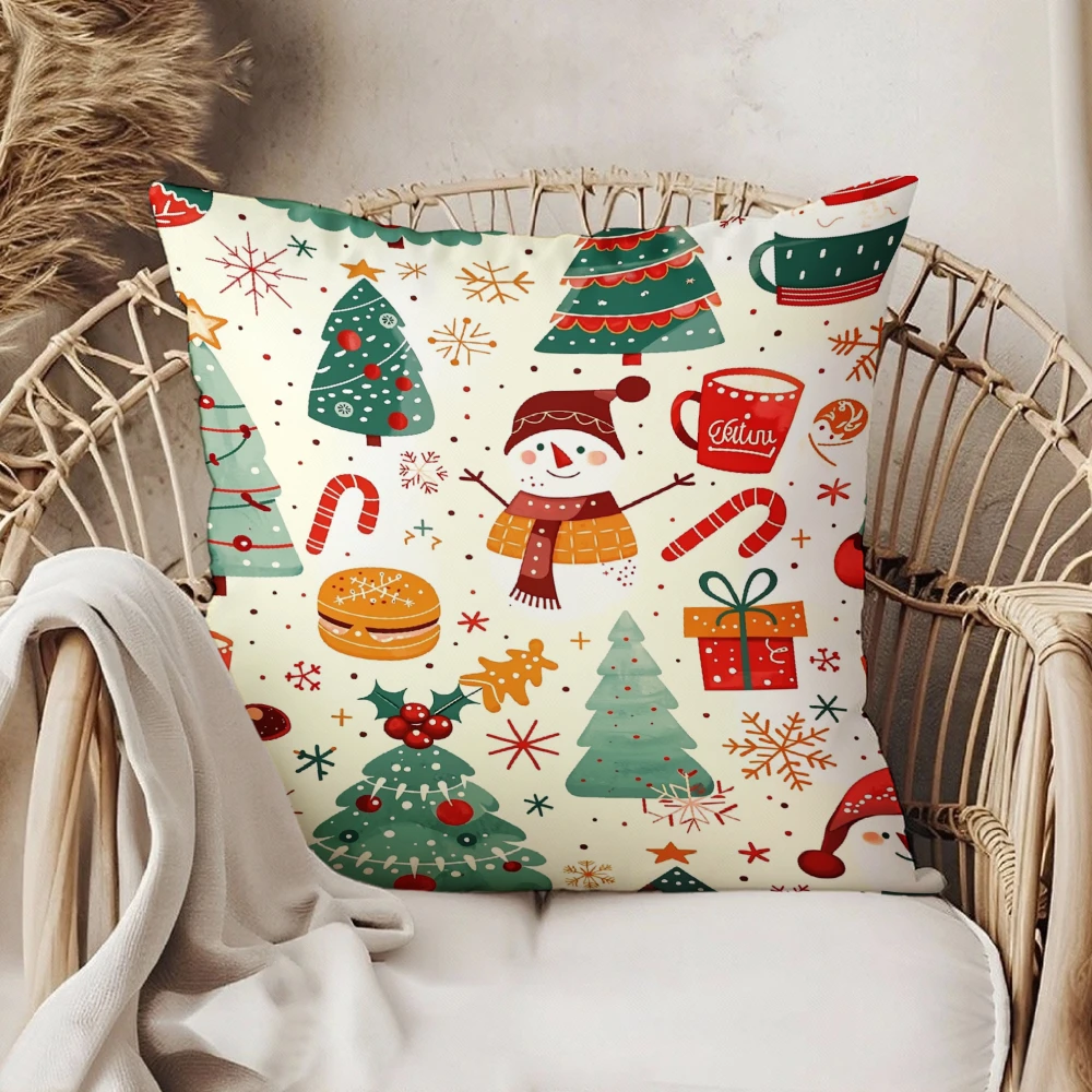 Square Throw Pillow Cover Cream White Christmas Tree Snowman Candy Cane Gift Box Print For Living Room Sofa Bedroom Holiday Home