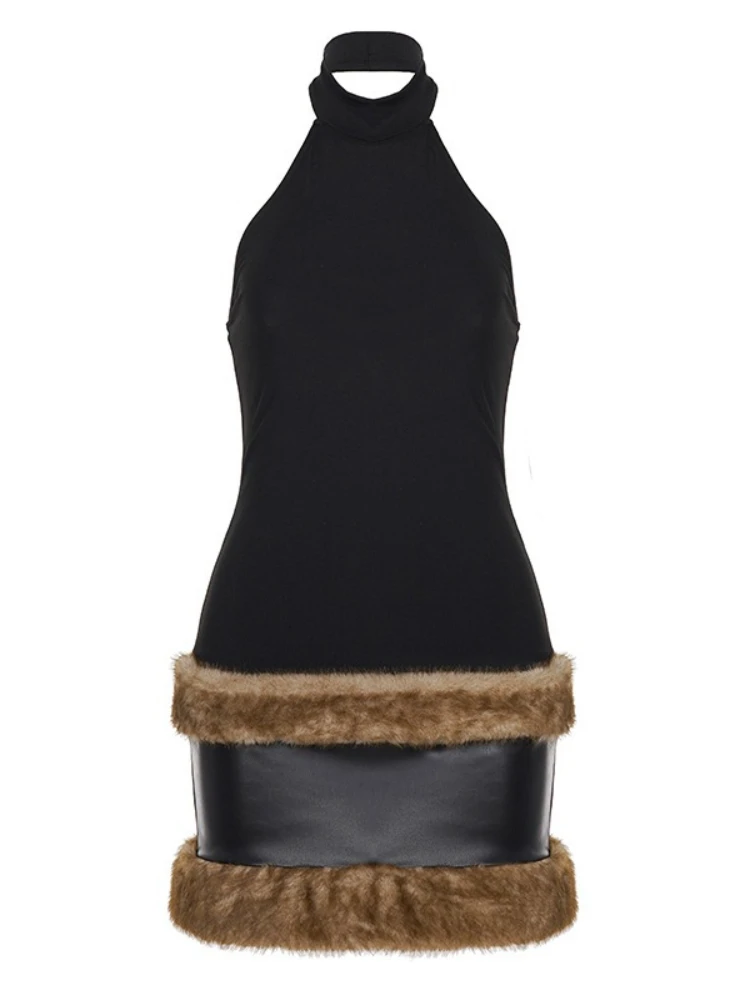 SsTss レディース ノースリーブ ミニドレス 2025 Y2K フェイクファー装飾 スリム ハイウエスト PUレザー パッチワーク ボディコン ドレス クラブ パーティー ローブ