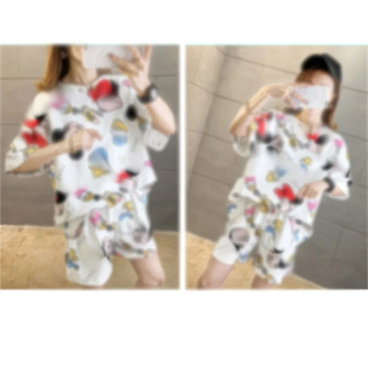 hibobi 2-Piece Women Summer Pajamas Loose Plus Size Sweet Student Short-Sleeved Shorts Can Be Worn Outside Home Clothes Set