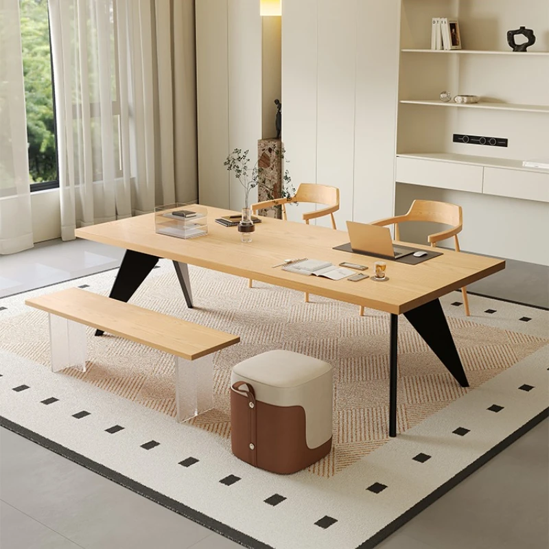 

Solid wood to the living room large long desk with sofa light luxury high sense home reading study table