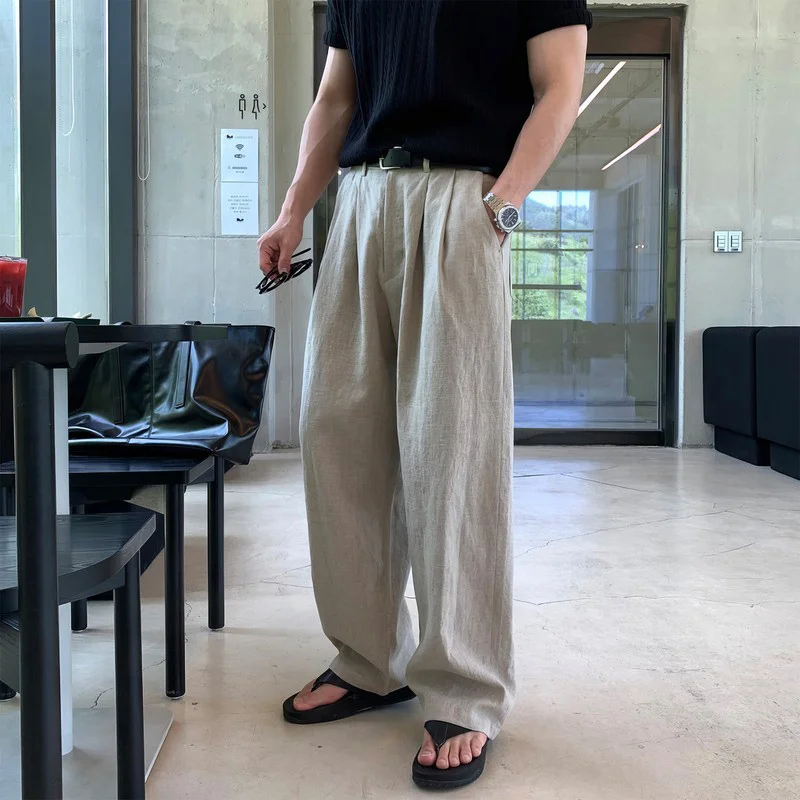 Thin Linen Casual Pants for Men in Summer, Lazy and Versatile Breathable Straight Pants, Loose Drapey Wide-Leg Pants