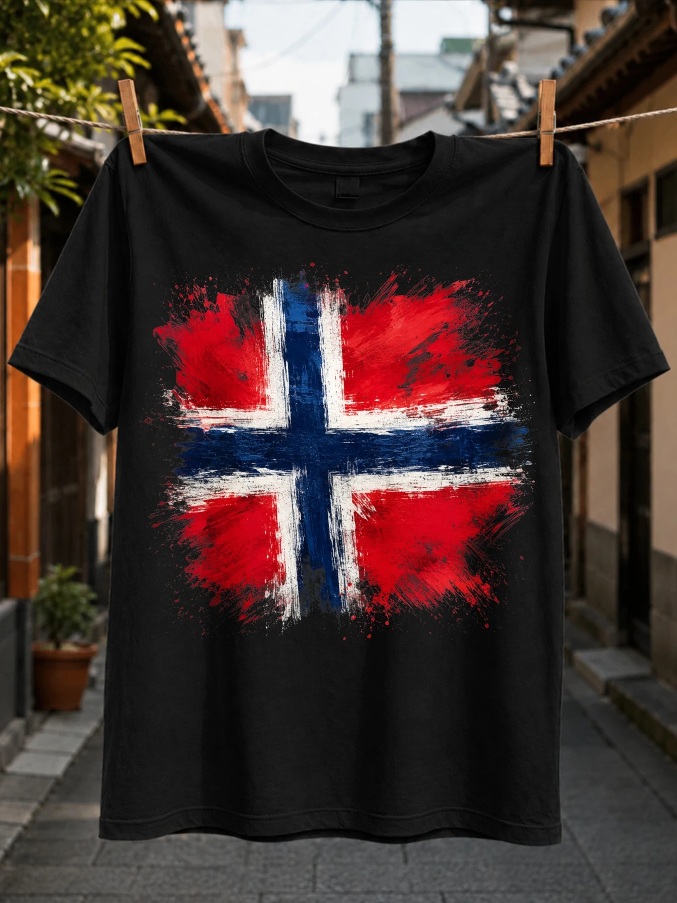 with distressed Norway Fl-ag brush graphic red  blue paint splatter and minimalist Nordic patriot  Unisex All T-Shirt