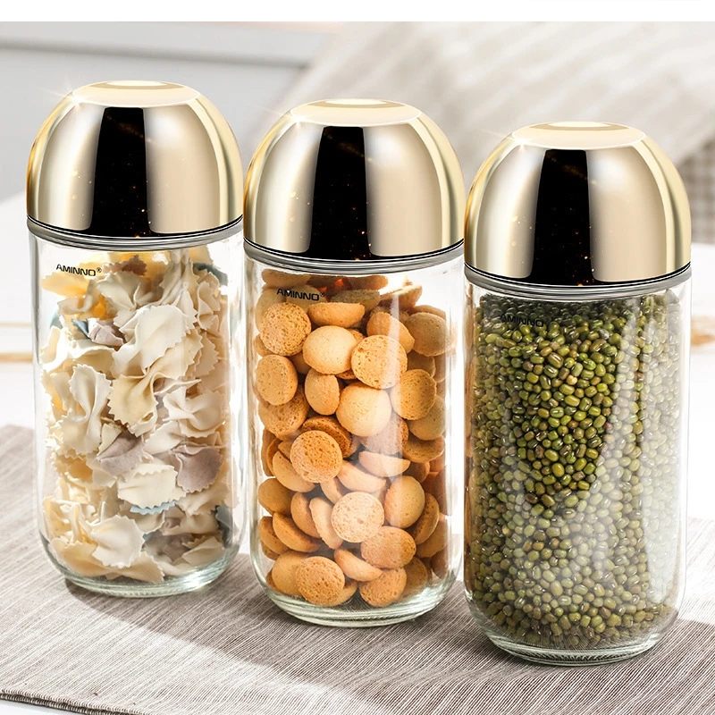 Golden transparent sealed glass storage kitchen container coffee bean food jar with graduated lid