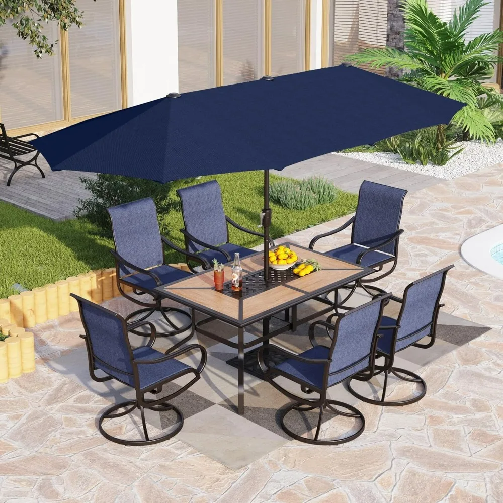 Patio Dining Set with Umbrella for 6 Person, Outdoor Swivel Dining Chairs & 1 Large Wooden-Like Top Table with 13ft Navy