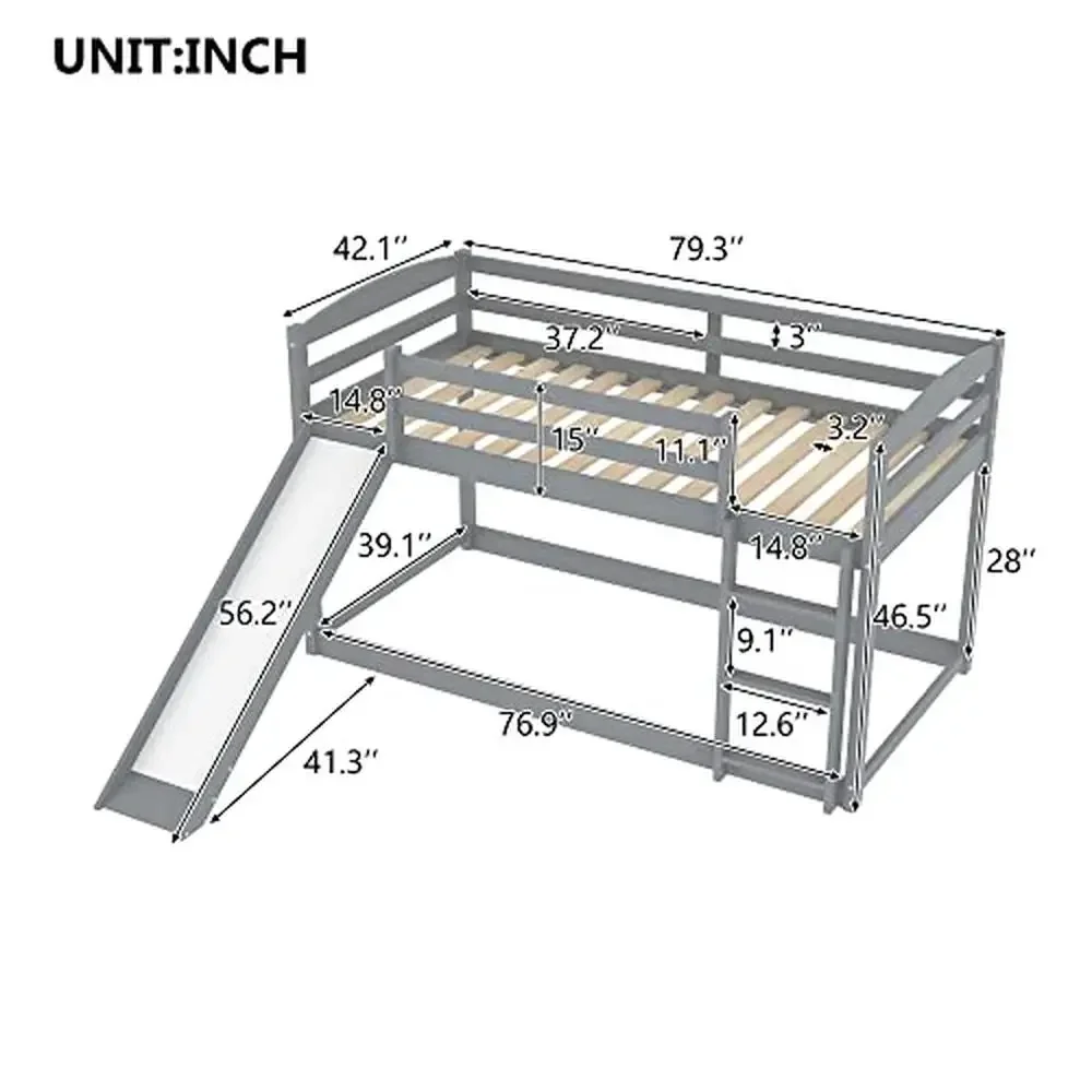 Wood Bunk Bed Frame with Slide and Ladder Sturdy Construction Easy Assembly Twin/Twin Size Modern Design Gray Finish Convertible