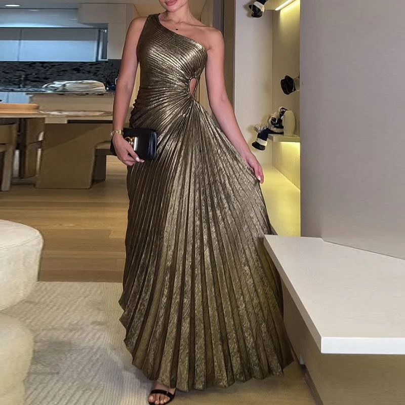 Golden Sexy Skew Collar Pleated Dresses Woman Spring Backless Hollow Party Dress Summer One Shoulder Sleeveless Long Maxi Dress