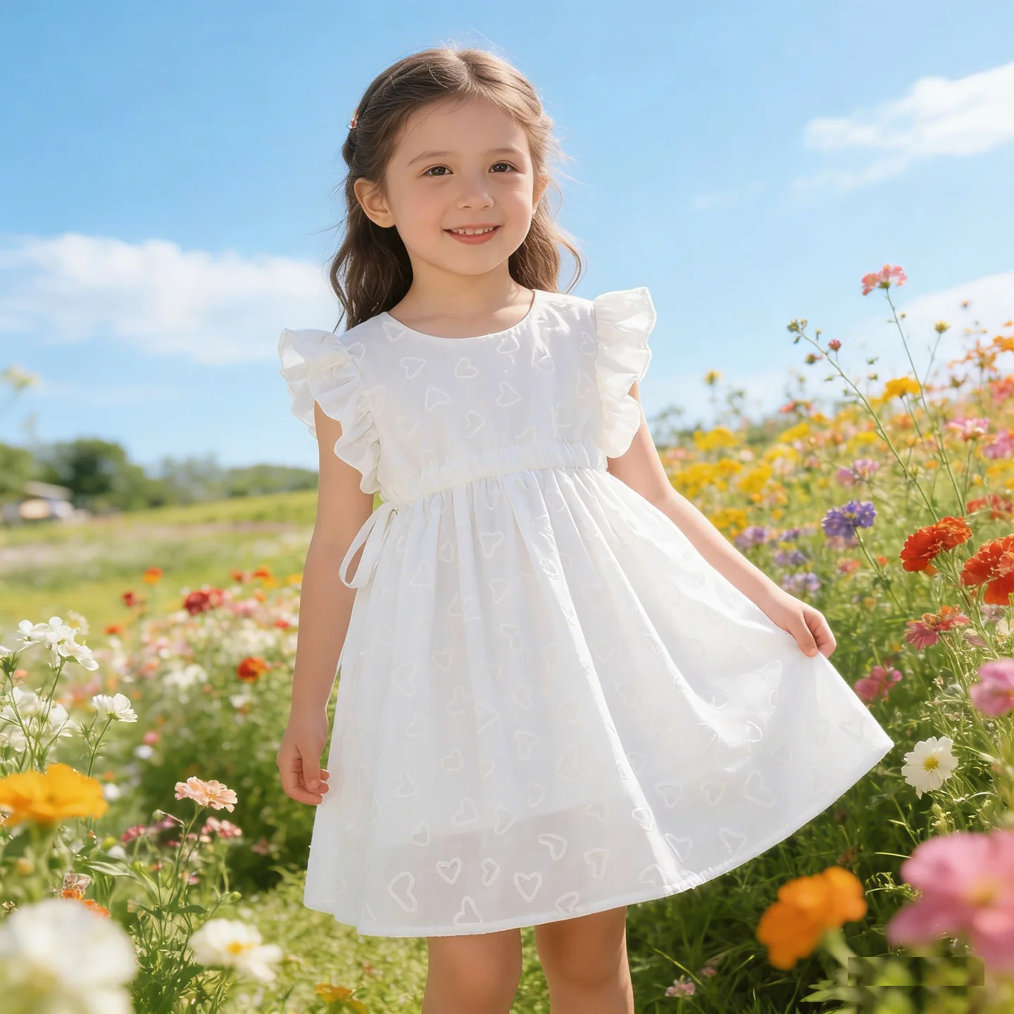 2026 New Summer Dress Kids Girls Lace Waist Cinched Casual White Dress Children Vacation Outdoor Princess Dress Birthday Gift