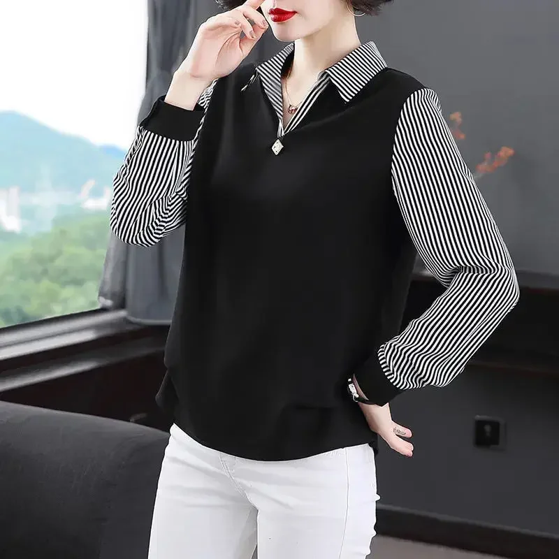 Polo Collar Bottoming Shirt Long-sleeved Top for Women Western-style Mom Shirt New Age-reducing Middle-aged and Elderly Splicing