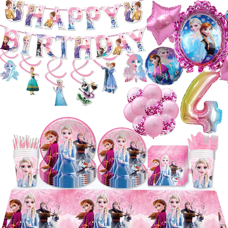 Pink Princess Disney Frozen Party Balloon Princess Disposable Tableware Set Anna Balloon Elsa Birthday Party Supplies Girl Gift